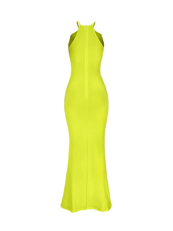 Momnfancy Neon Knot Sleeveless Hollow Out Slit Pleated Patchwork Bodycon Maternity Maxi Dress