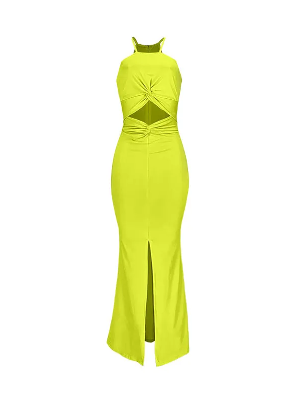 Momnfancy Neon Knot Sleeveless Hollow Out Slit Pleated Patchwork Bodycon Maternity Maxi Dress