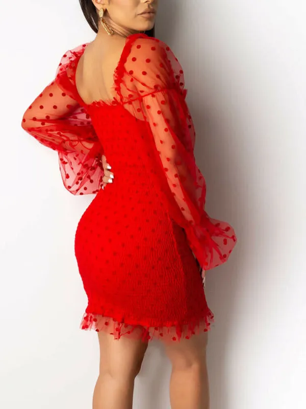 Momnfancy Polka Dot Grenadine Sheer Puff Sleeve Bodycon Elegant Baby Shower Maternity Mini Dress