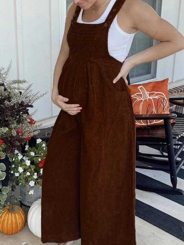 Momnfancy Solid Pockets Overall Pants Leisure Maternity Wide Leg Long Jumpsuit