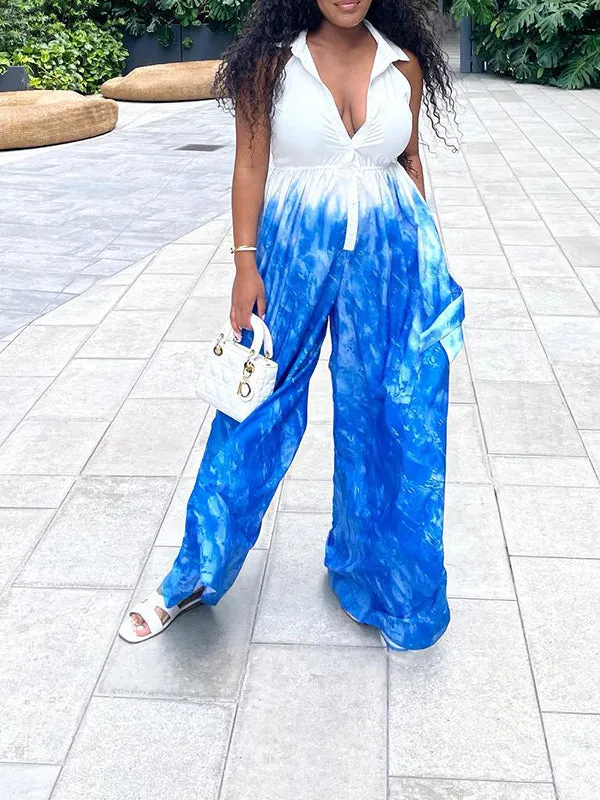 Momnfancy Tie Dye Belt Turndown Collar Fashion Plus Size Maternity Wide Leg Long Jumpsuit