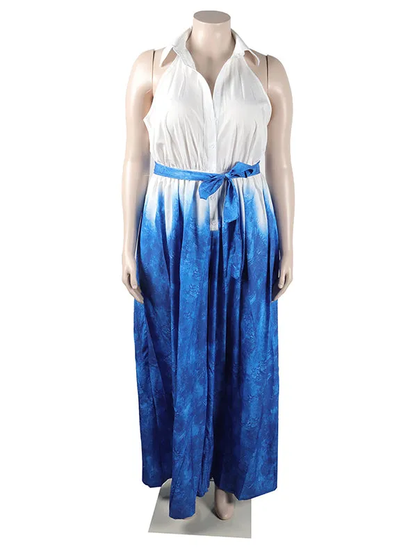 Momnfancy Tie Dye Belt Turndown Collar Fashion Plus Size Maternity Wide Leg Long Jumpsuit