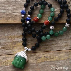 Natural Black Onyx & Green Jade Buddha Pendant Necklace