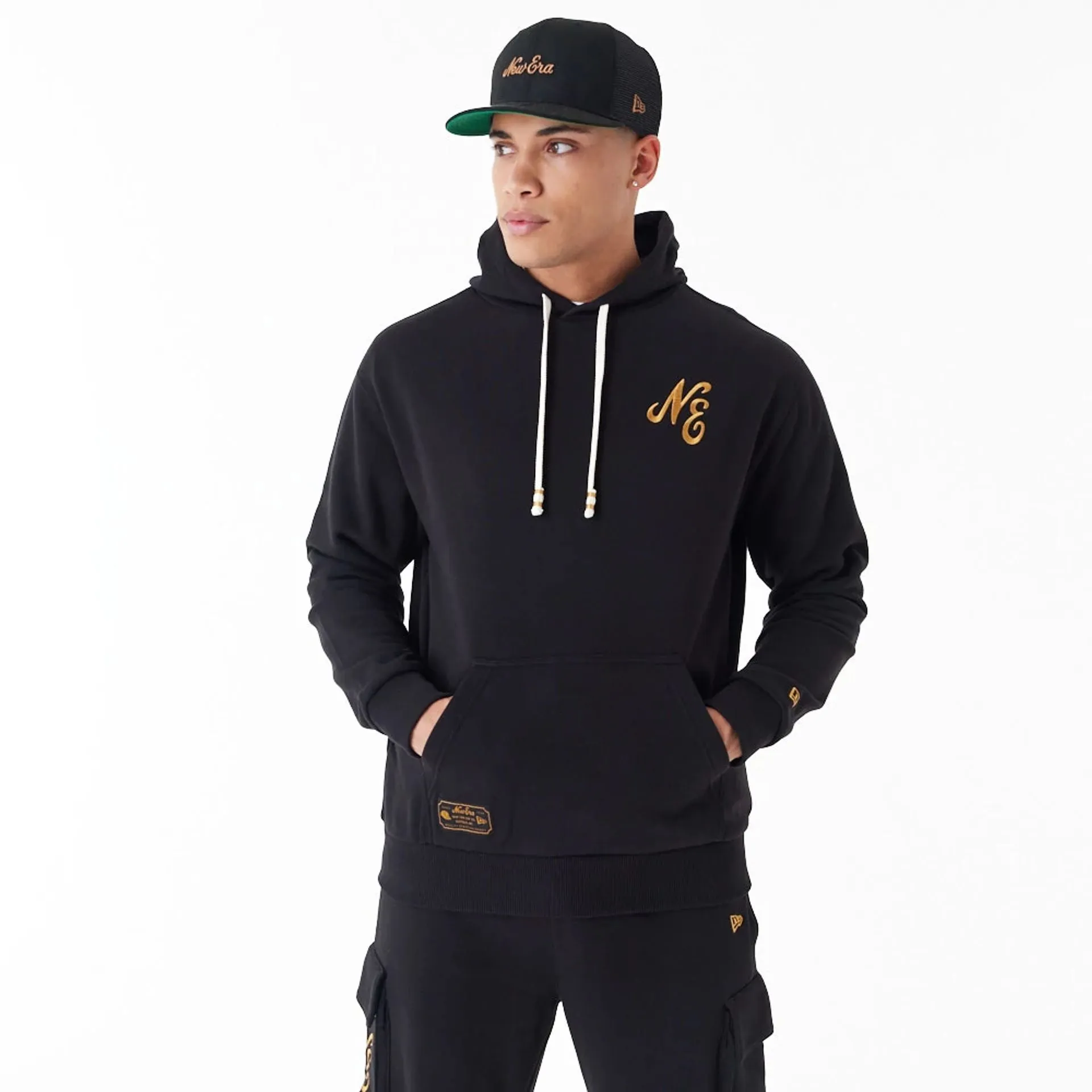 New Era Script Logo Black Oversized Pullover Hoodie