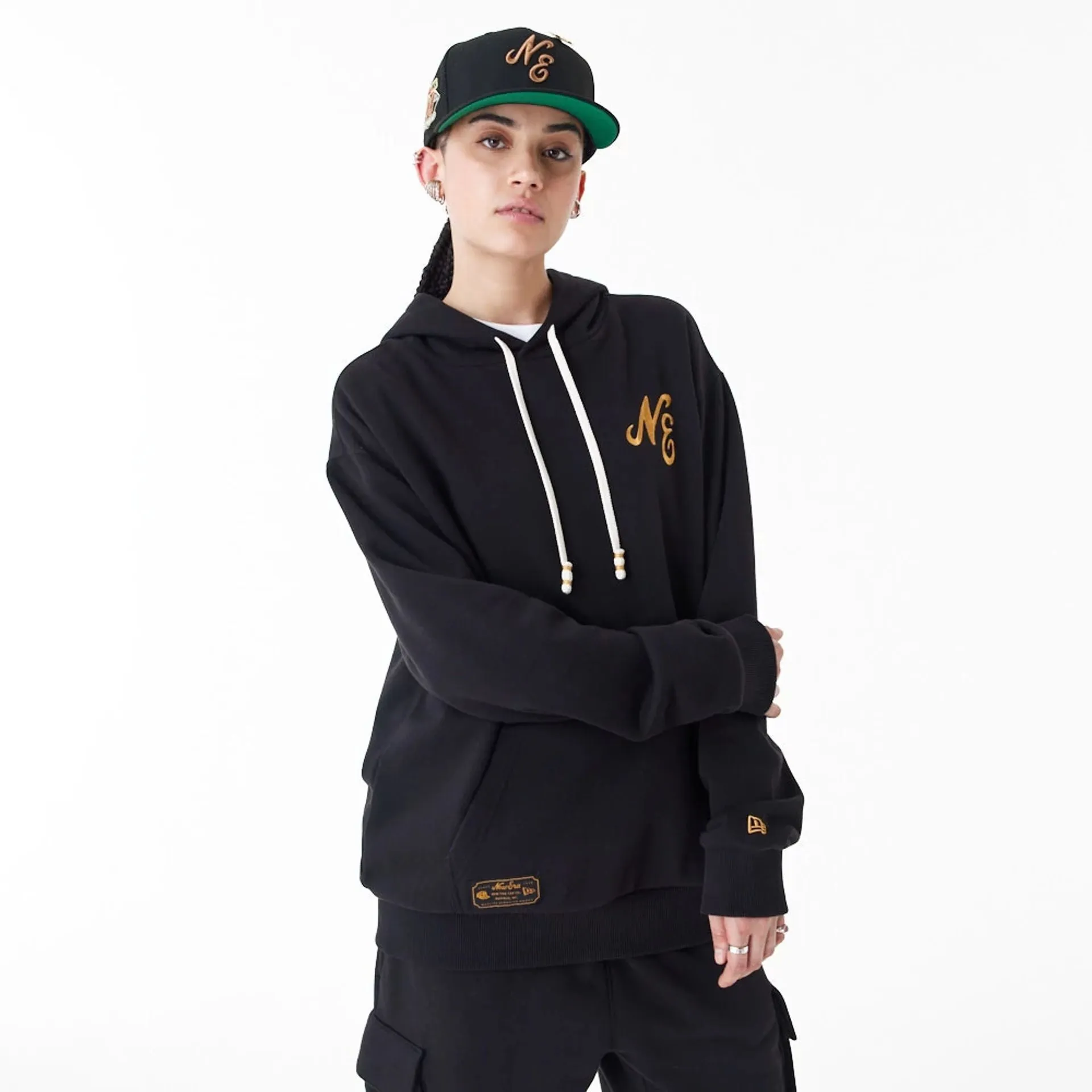 New Era Script Logo Black Oversized Pullover Hoodie