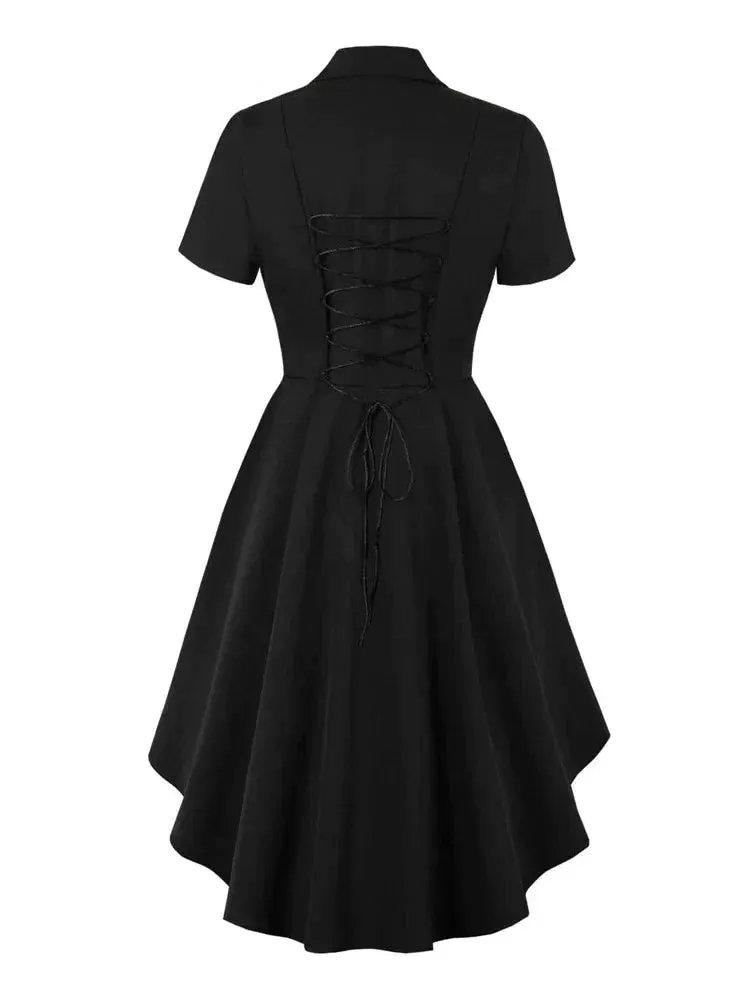 Notched Collar Double Breasted High Low Hem Party Dresses for Women Gothic Lace-Up Back Vintage Halloween Dress