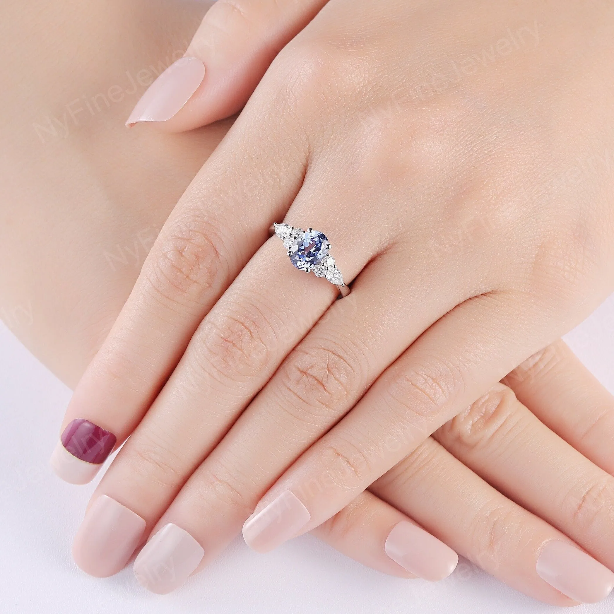 Oval Cornflower Sapphire Cluster Engagement Ring White Gold