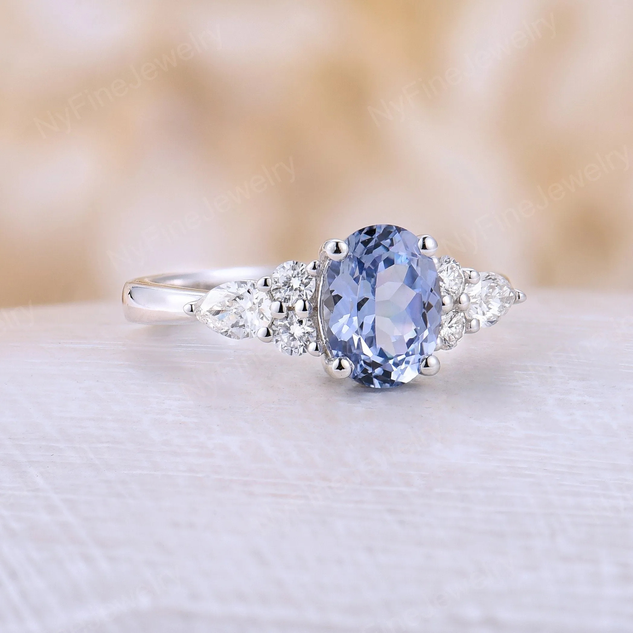 Oval Cornflower Sapphire Cluster Engagement Ring White Gold