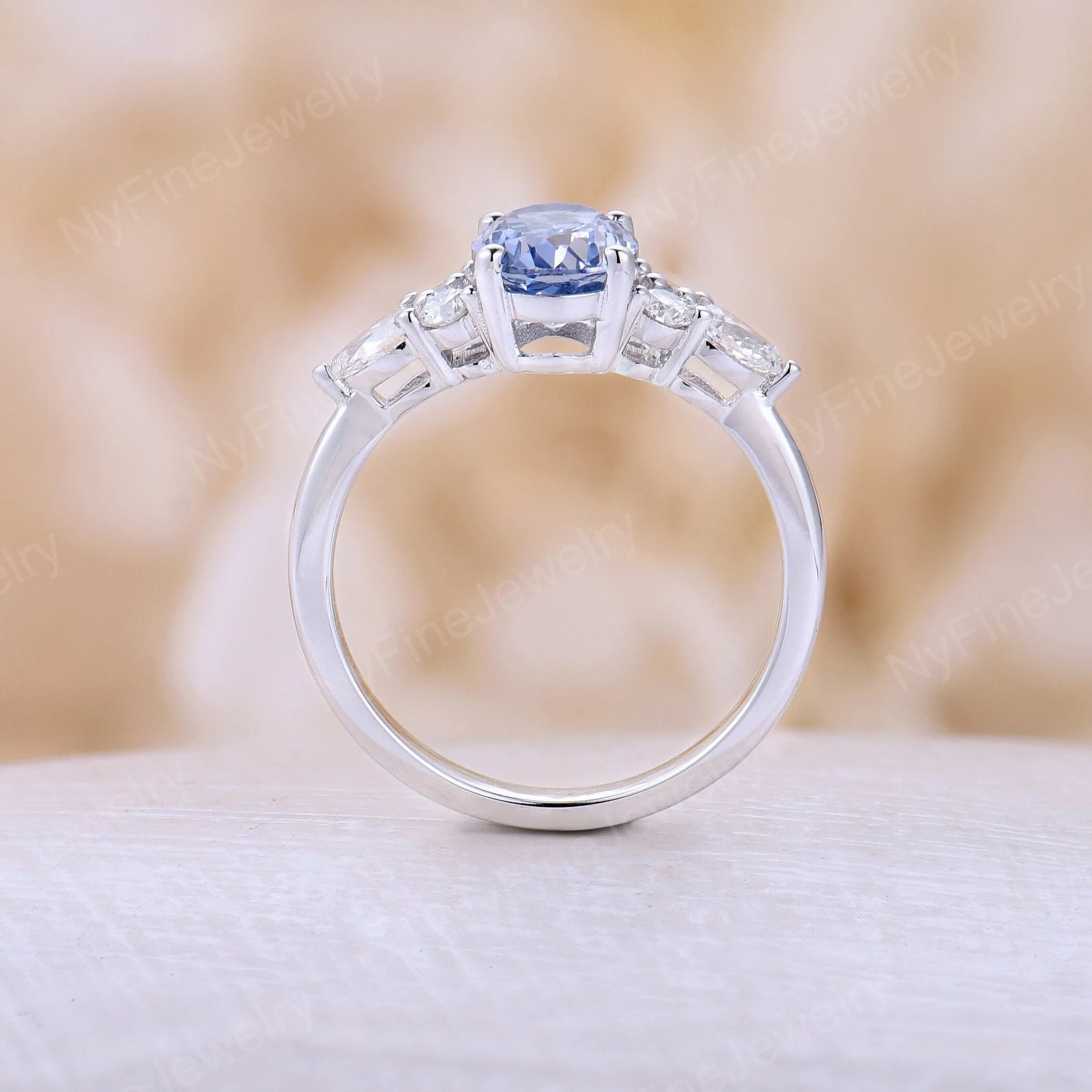 Oval Cornflower Sapphire Cluster Engagement Ring White Gold