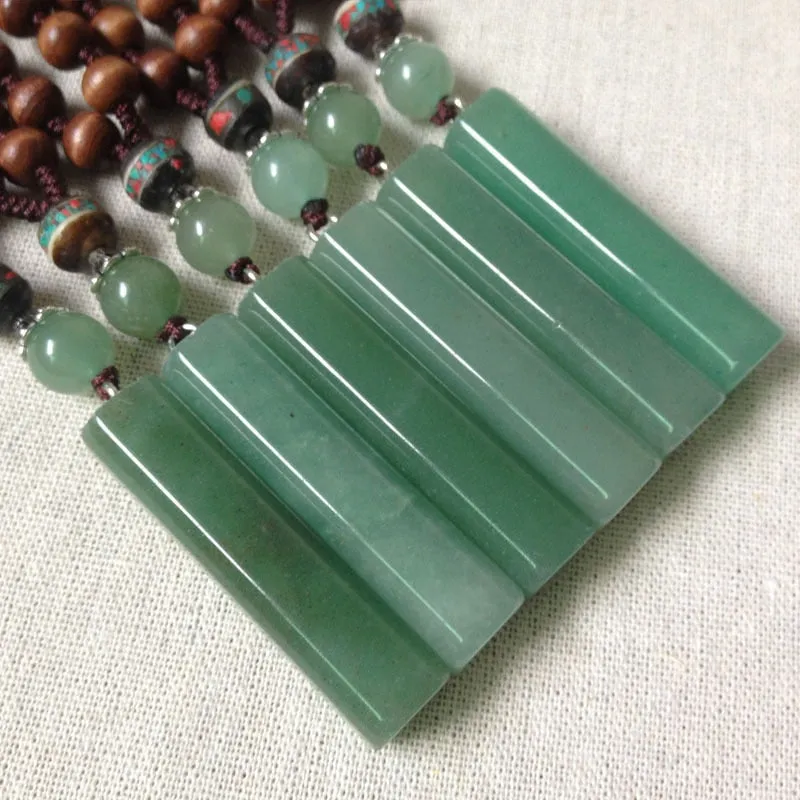 PANGA Wood Natural Green Jade Pendant Long Necklace