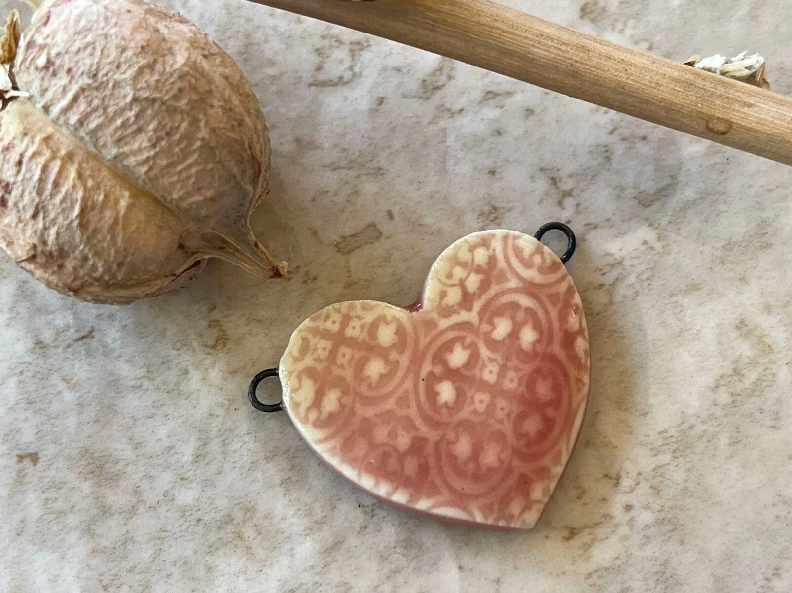 Pink Heart Pendant, Tile Pattern Heart, Double Wire Heart Pendant, Porcelain Ceramic Pendant, Artisan Pendant, Jewelry Making Co