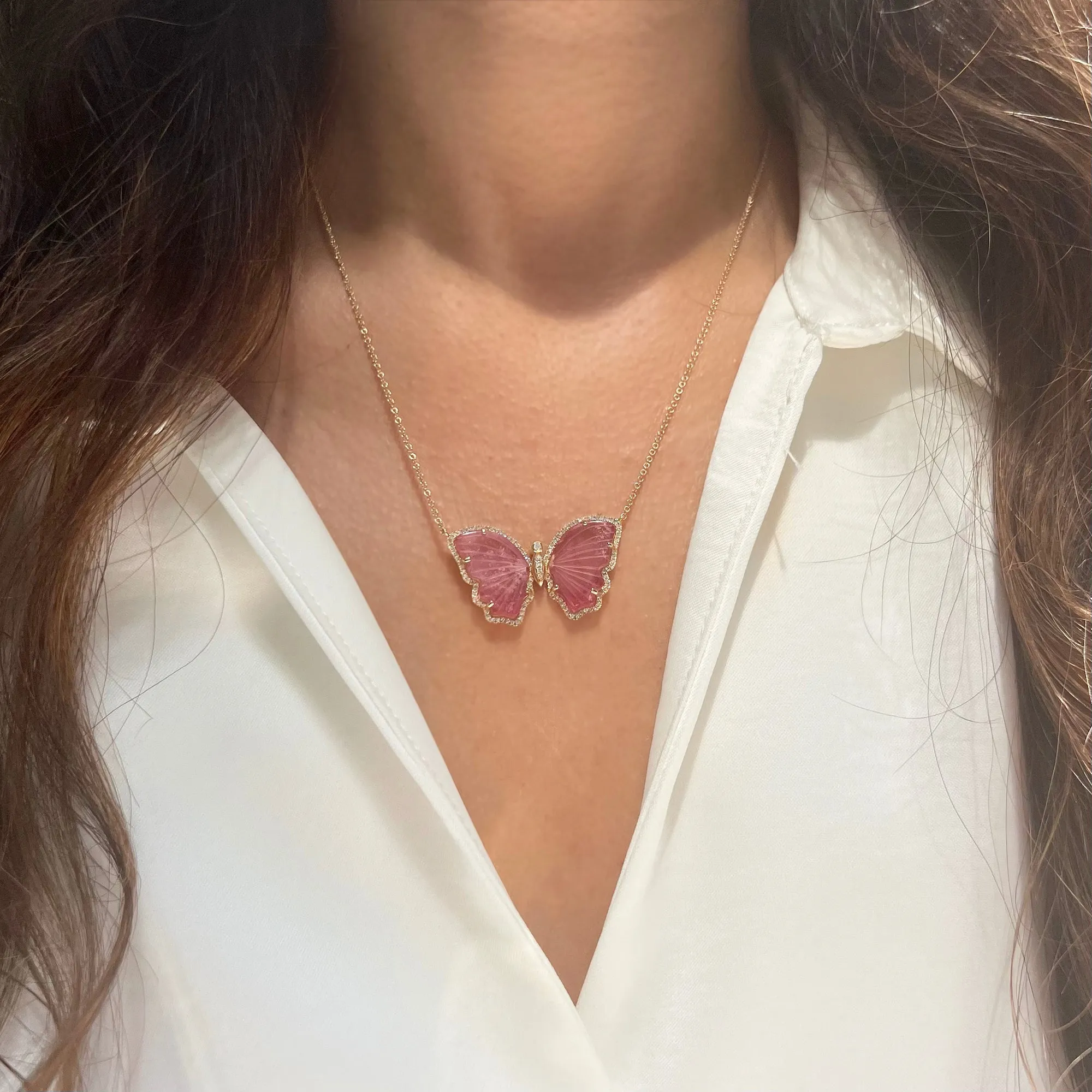 Pink Tourmaline Butterfly Necklace with Diamonds