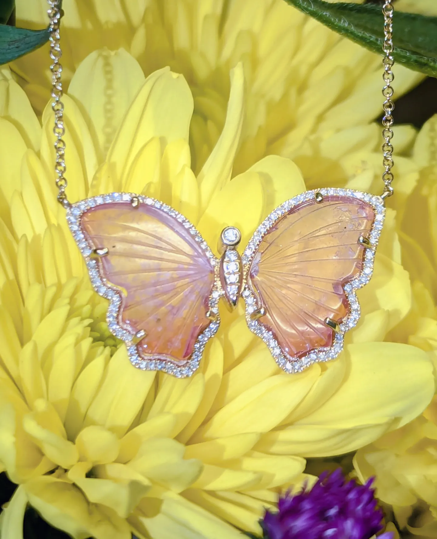 Pink Tourmaline Butterfly Necklace with Diamonds