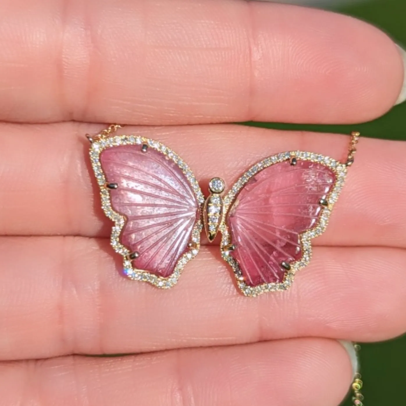 Pink Tourmaline Butterfly Necklace with Diamonds