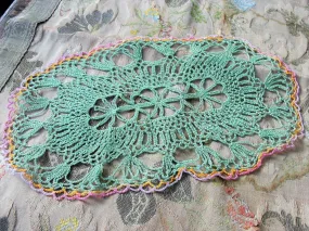 PRETTY Vintage Doily Jadeite Green Pink Edged Hand Crocheted Doily Farmhouse Decor, French Country Cottage,Unique Design Collect