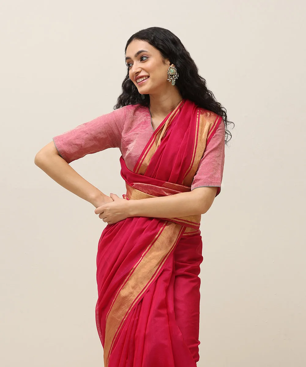 Rani Pink Cotton Silk Chanderi Saree With Gold Zari Border