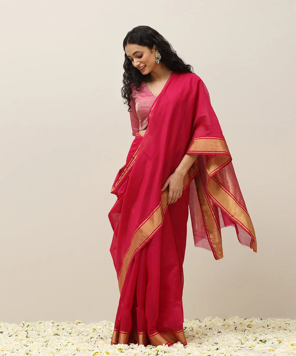 Rani Pink Cotton Silk Chanderi Saree With Gold Zari Border