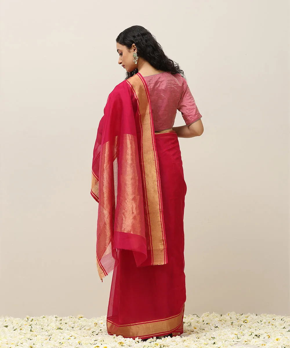 Rani Pink Cotton Silk Chanderi Saree With Gold Zari Border