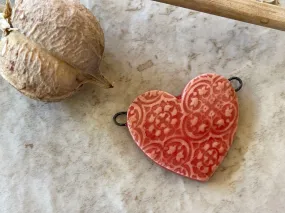 Red Heart Pendant, Patterned Heart, Double Wire Heart Pendant, Porcelain Ceramic Pendant, Artisan Pendant, Jewelry Making Compon