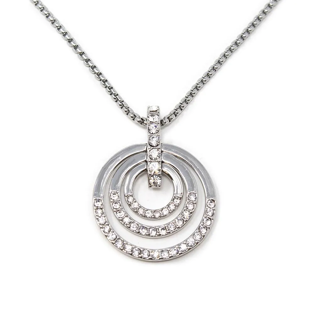 Rhodium Plated Necklace with Pave Open Circle Pendant