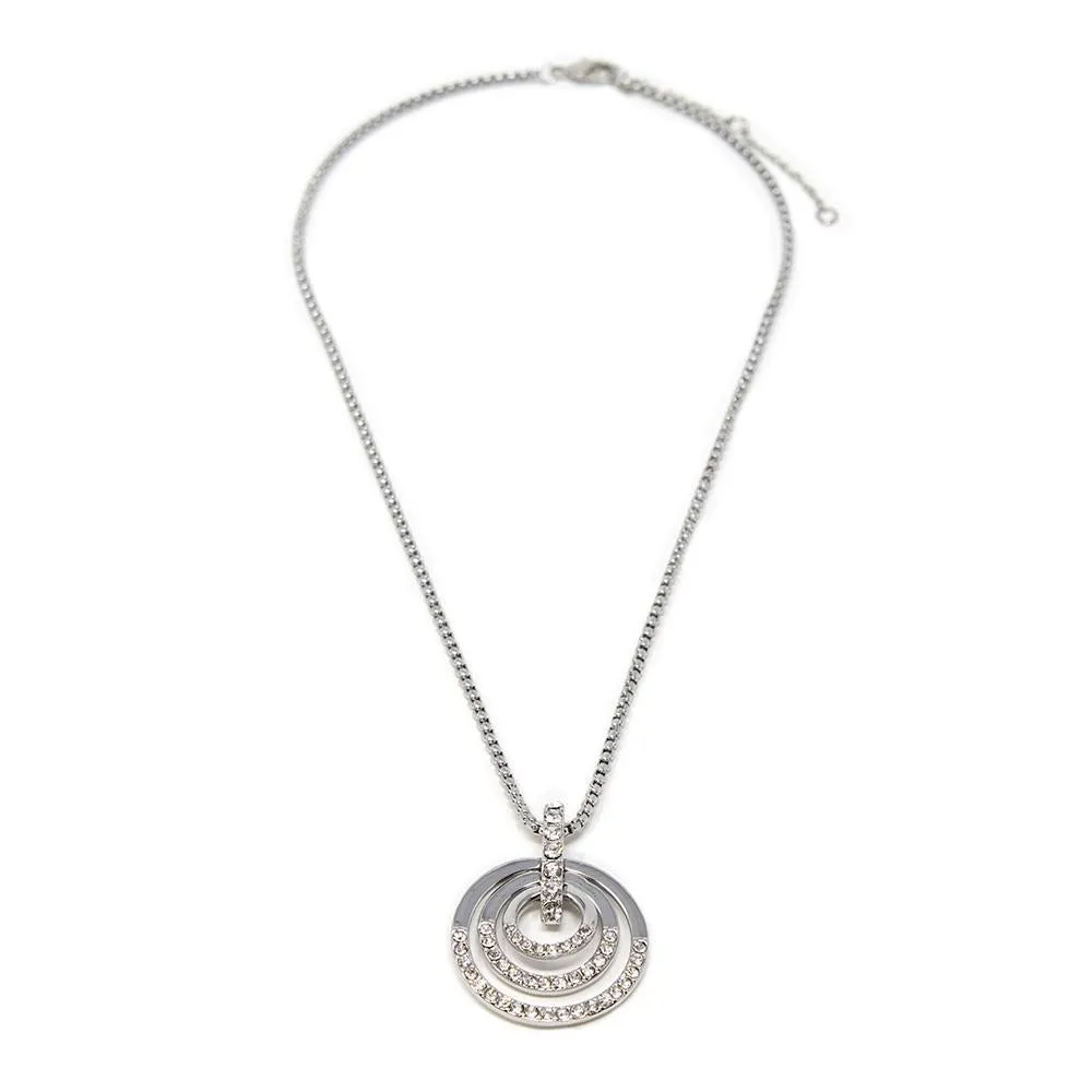 Rhodium Plated Necklace with Pave Open Circle Pendant