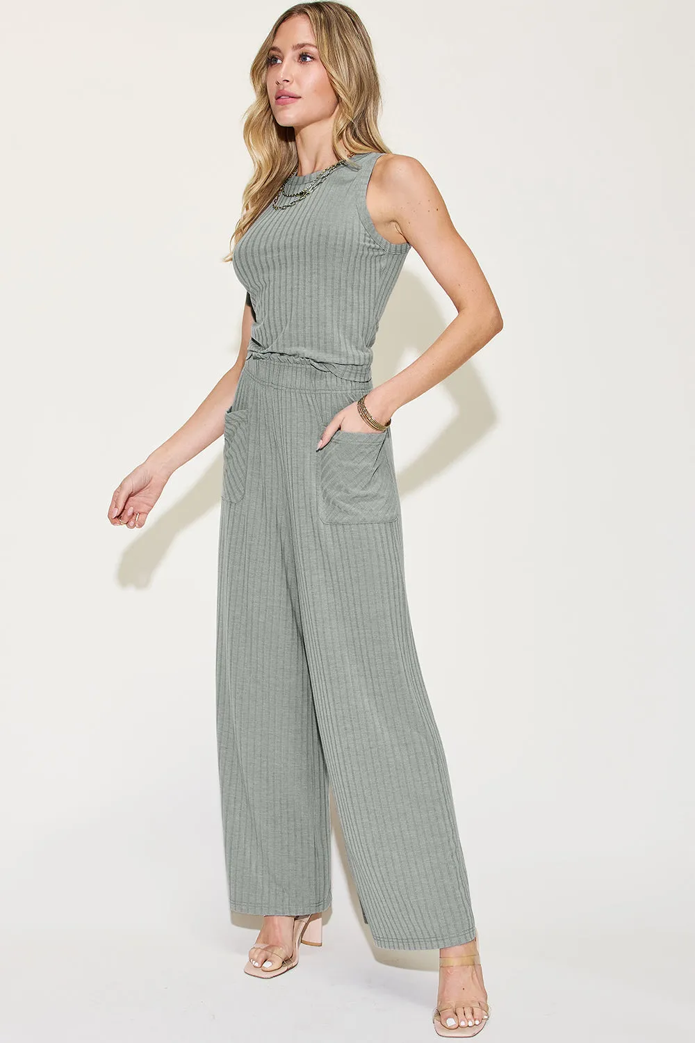 Ribbed Tank and Wide Leg Pants Set