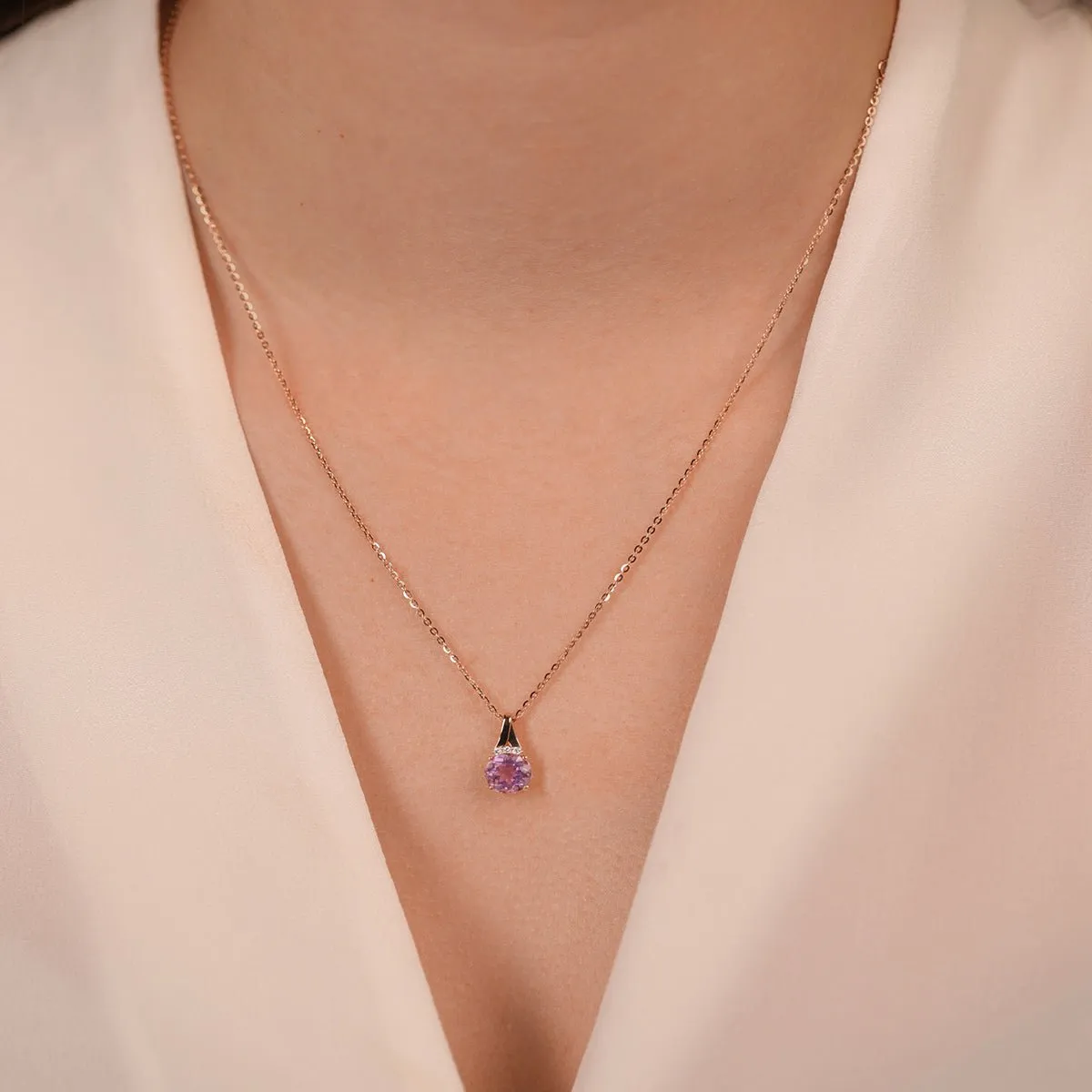 Round Amethyst Pendant Necklace with Diamonds