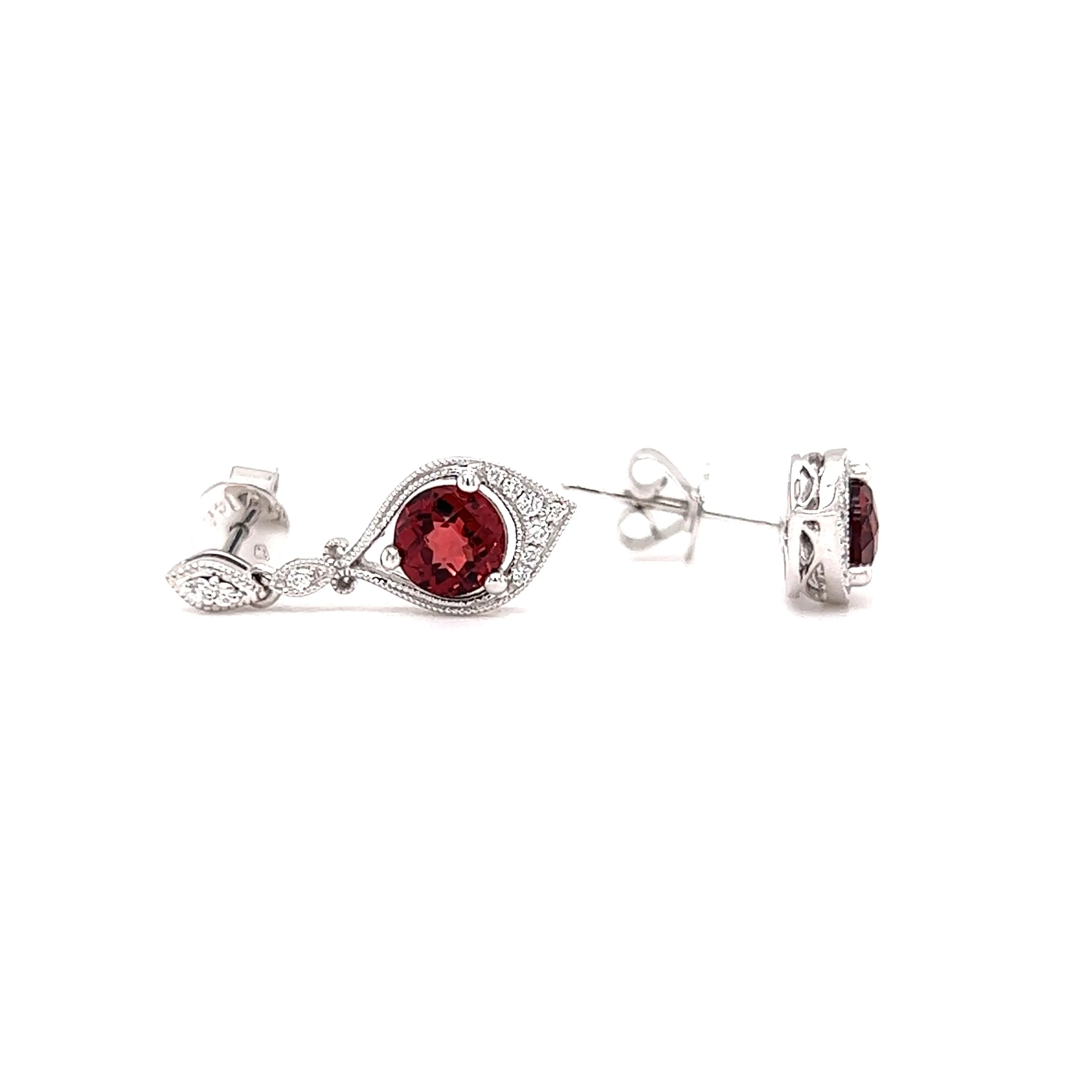 Round Garnet Drop Earrings with Twenty Diamonds in 14K Yellow Gold