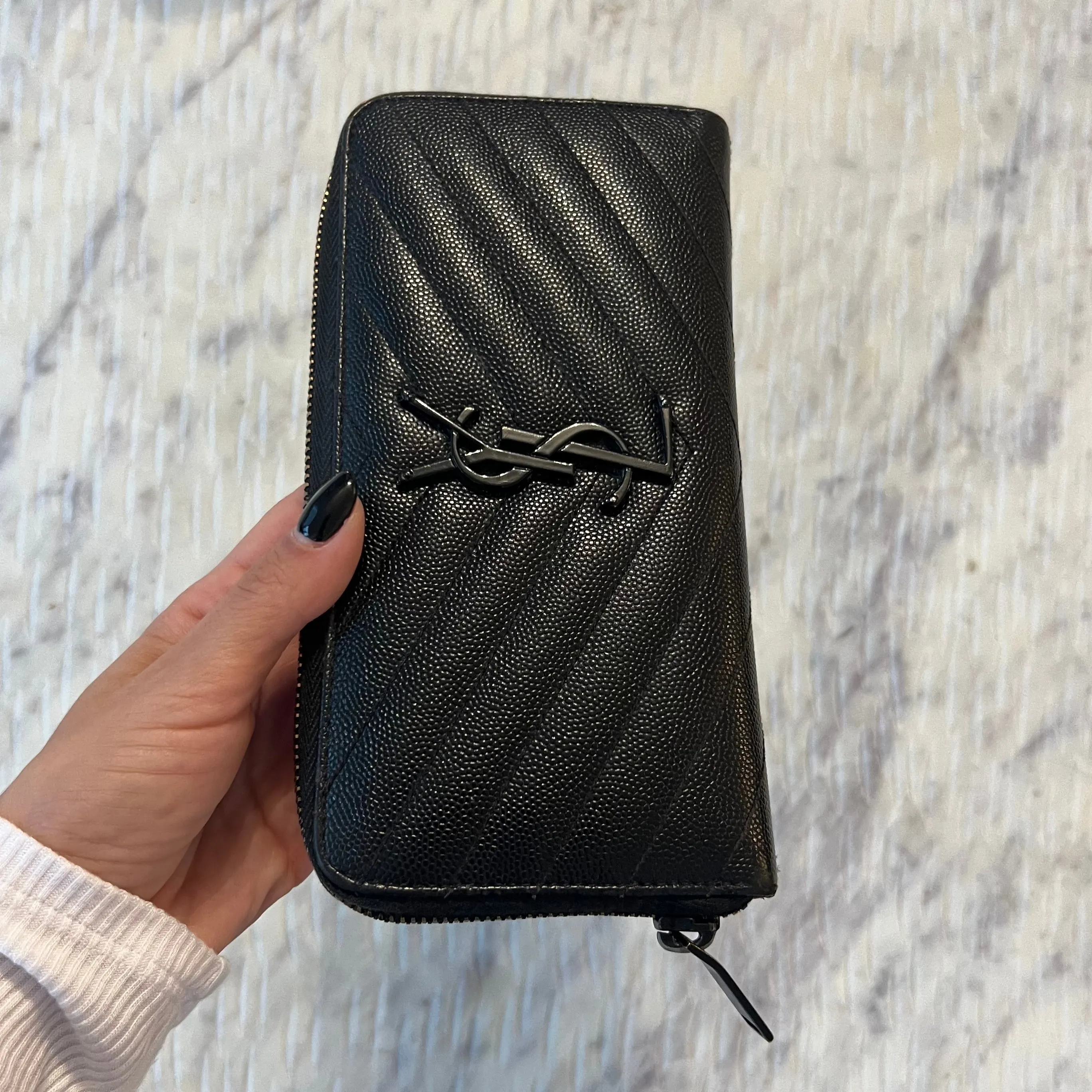 SAINT LAURENT CASSANDRE MATELASS ZIP AROUND WALLET IN GRAIN DE POUDRE EMBOSSED LEATHER