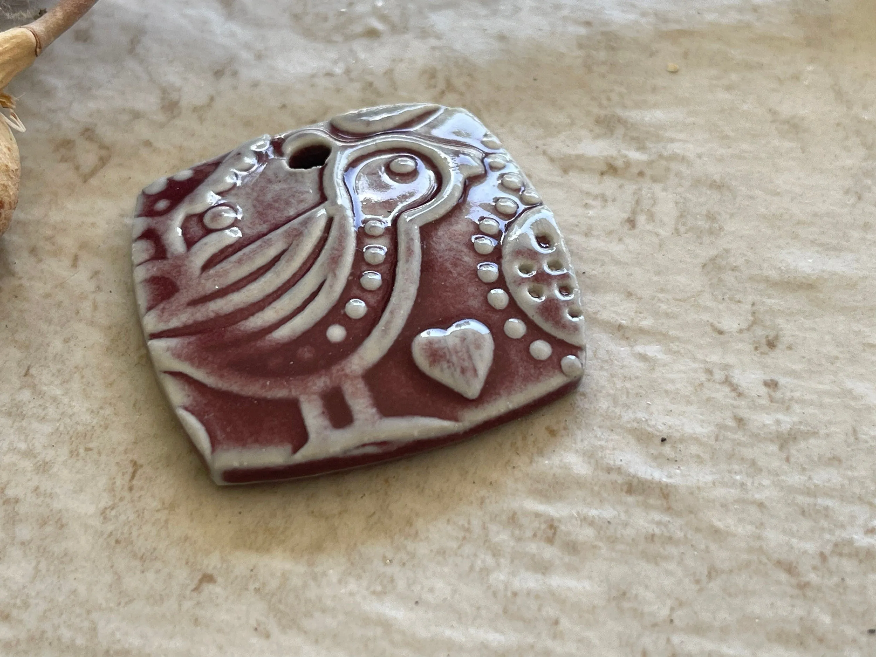 Scandinavian Bird Pendant, Burgundy Pendant, Folk Art, Porcelain Ceramic Pendant, Jewelry Making Components