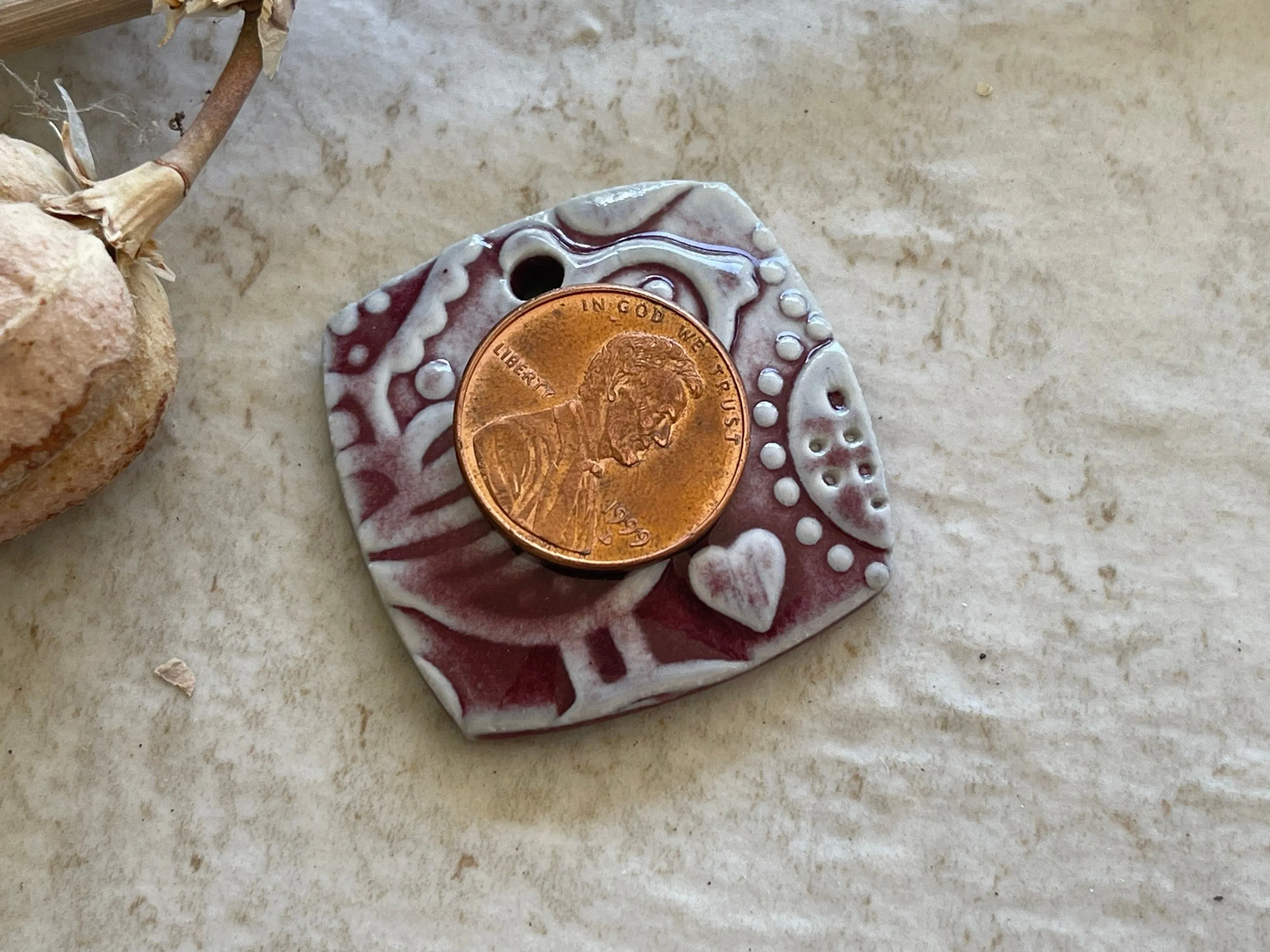 Scandinavian Bird Pendant, Burgundy Pendant, Folk Art, Porcelain Ceramic Pendant, Jewelry Making Components