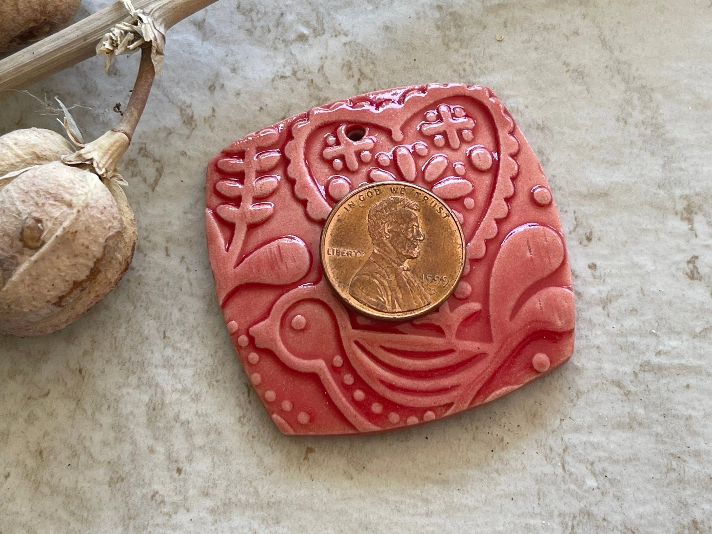 Scandinavian Bird Pendant, Red Pendant, Folk Art, Porcelain Ceramic Pendant, Jewelry Making Components