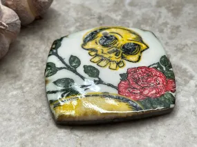 Skulls and Roses Pendant, Tattoo Style Pendant, Spooky Pendant, Gift for Her, Porcelain Pendant, Jewelry Making Components