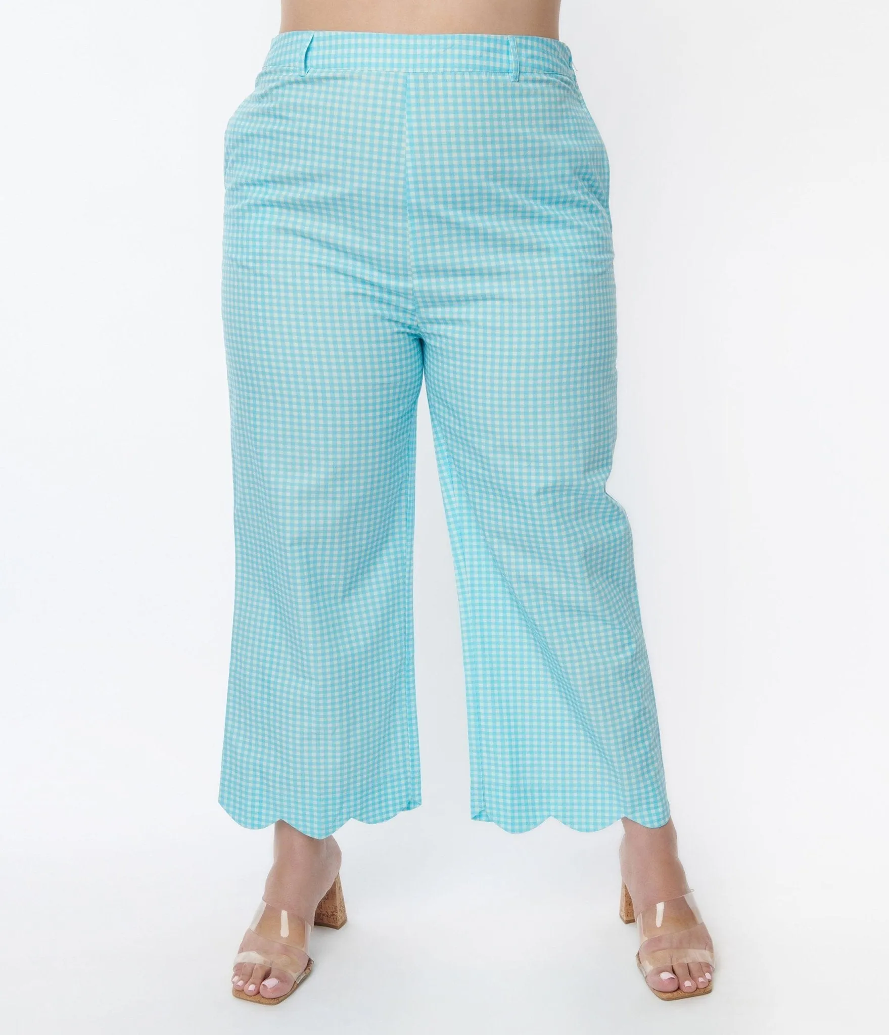 Sky Blue Gingham Scalloped Top & Pants Set