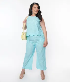 Sky Blue Gingham Scalloped Top & Pants Set