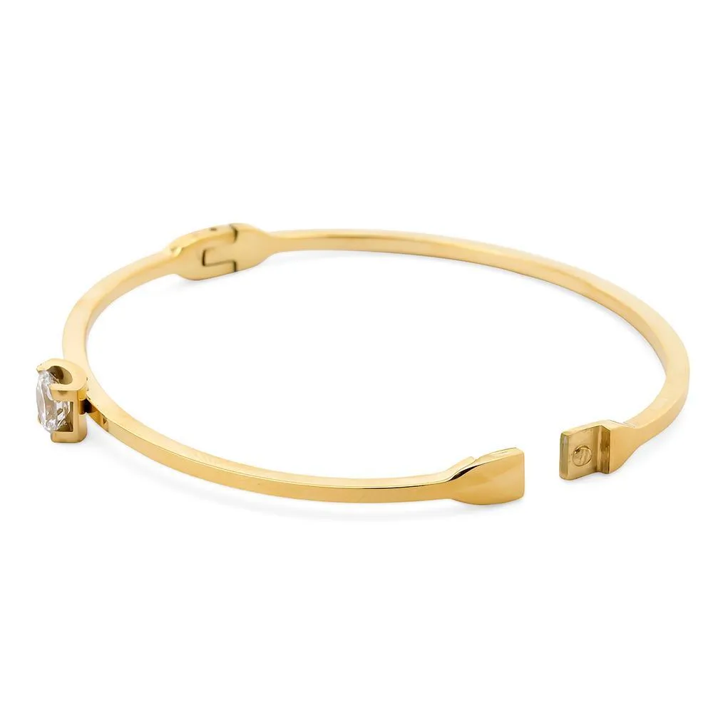 Stainless Steel Hingled Bangle Round Crystal Gold Plated