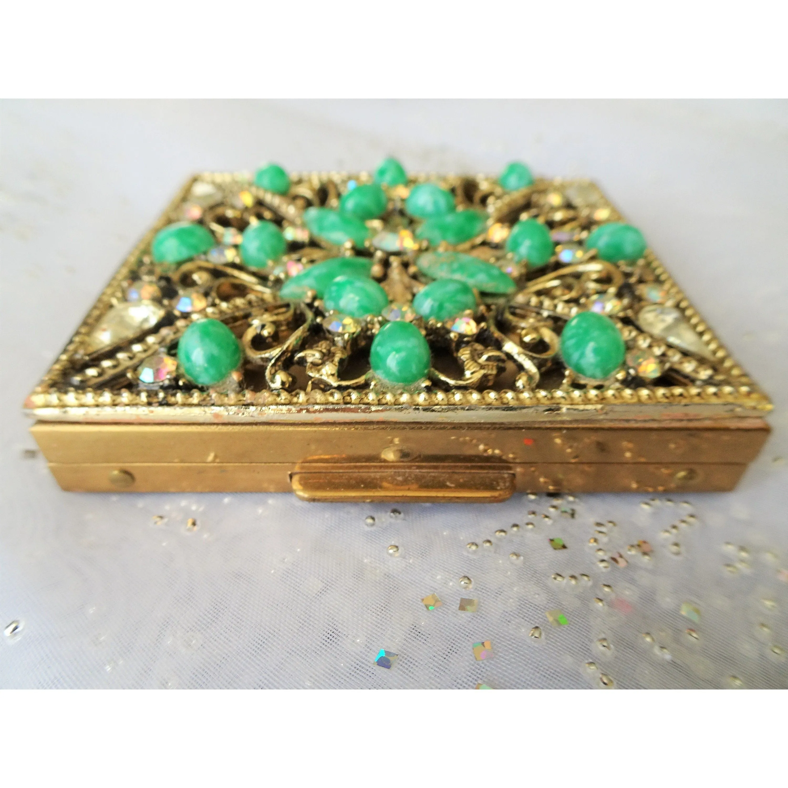 STUNNING Jeweled Powder Compact, Luxurious Purse Compact,Sparkling AB, Faceted and Green Peking Like Glass Stones, S.F.Co, Vinta