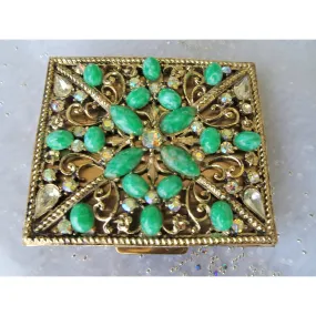 STUNNING Jeweled Powder Compact, Luxurious Purse Compact,Sparkling AB, Faceted and Green Peking Like Glass Stones, S.F.Co, Vinta