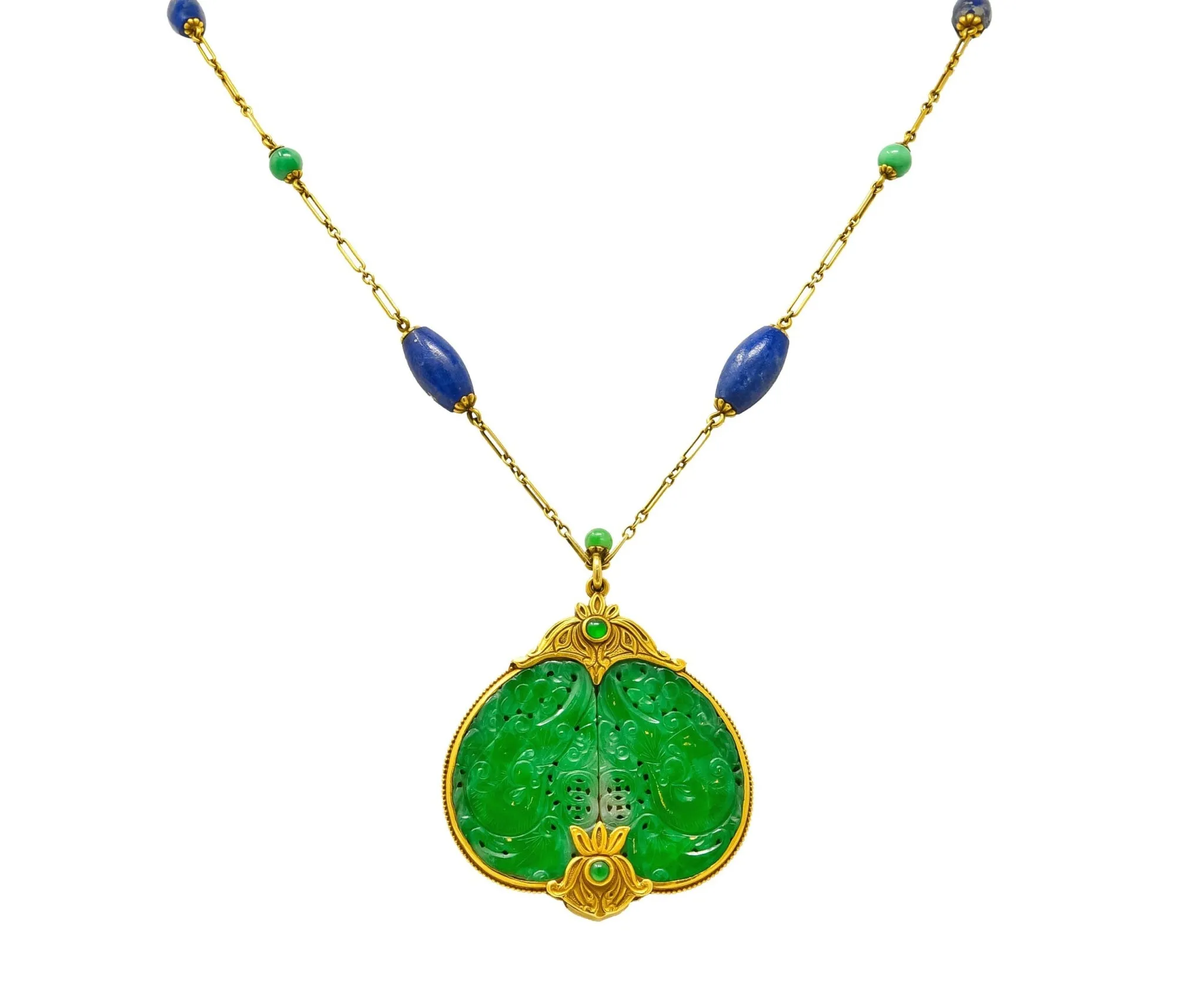 Substantial Arts & Crafts Jade Lapis 14 Karat Gold Medallion Necklace