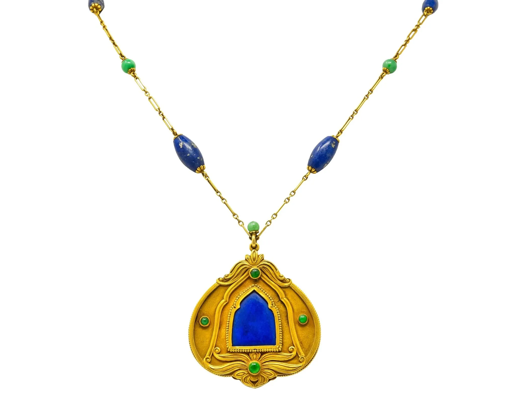 Substantial Arts & Crafts Jade Lapis 14 Karat Gold Medallion Necklace