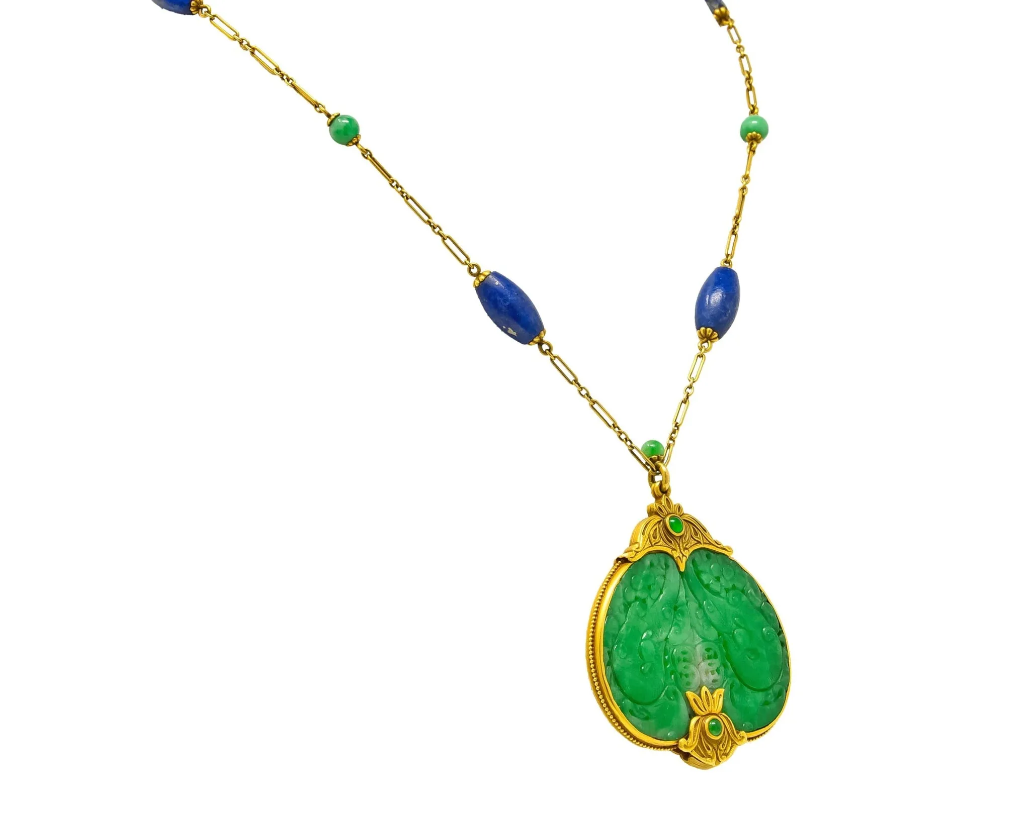 Substantial Arts & Crafts Jade Lapis 14 Karat Gold Medallion Necklace