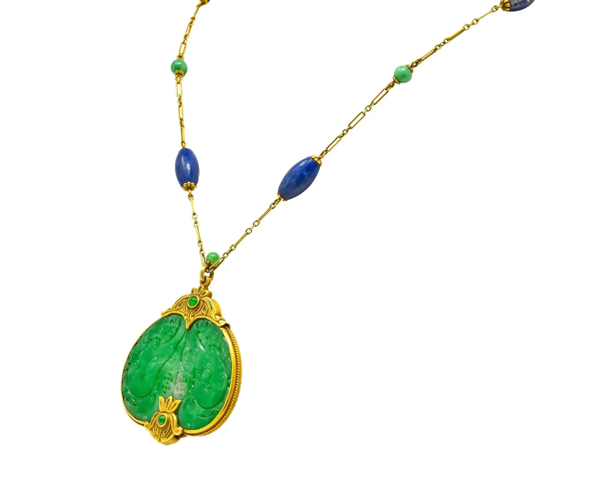 Substantial Arts & Crafts Jade Lapis 14 Karat Gold Medallion Necklace