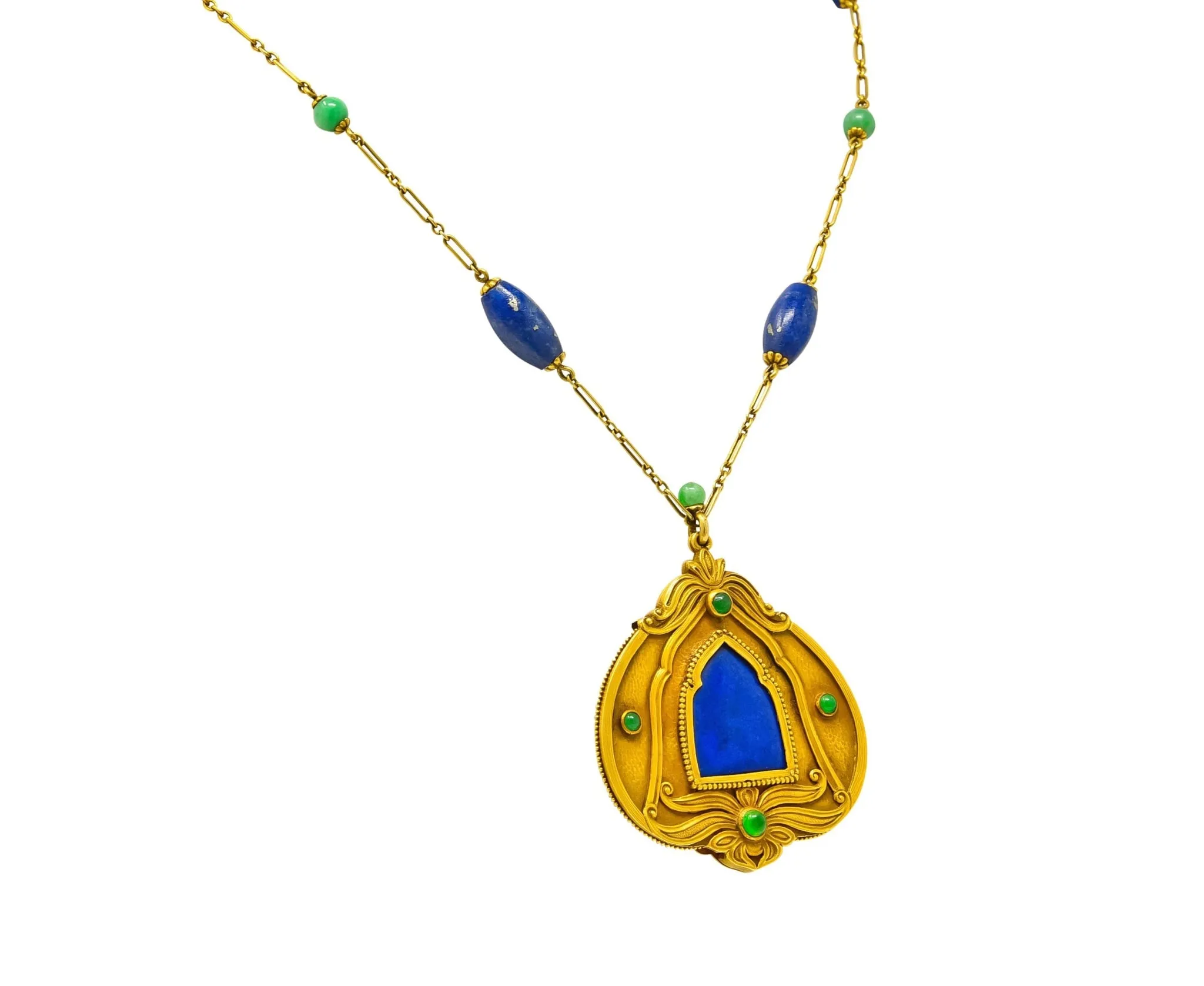 Substantial Arts & Crafts Jade Lapis 14 Karat Gold Medallion Necklace