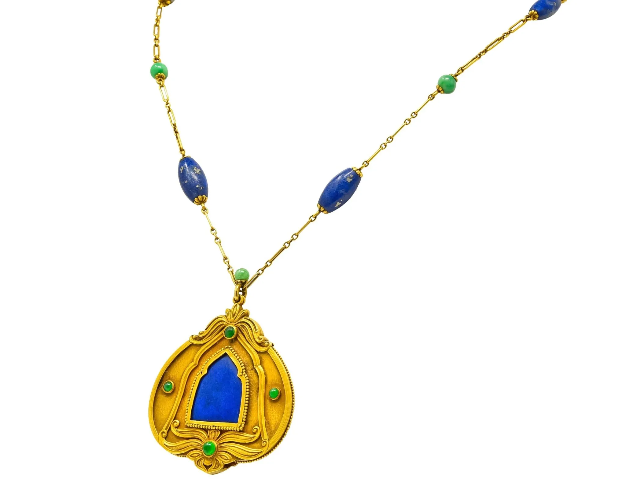 Substantial Arts & Crafts Jade Lapis 14 Karat Gold Medallion Necklace