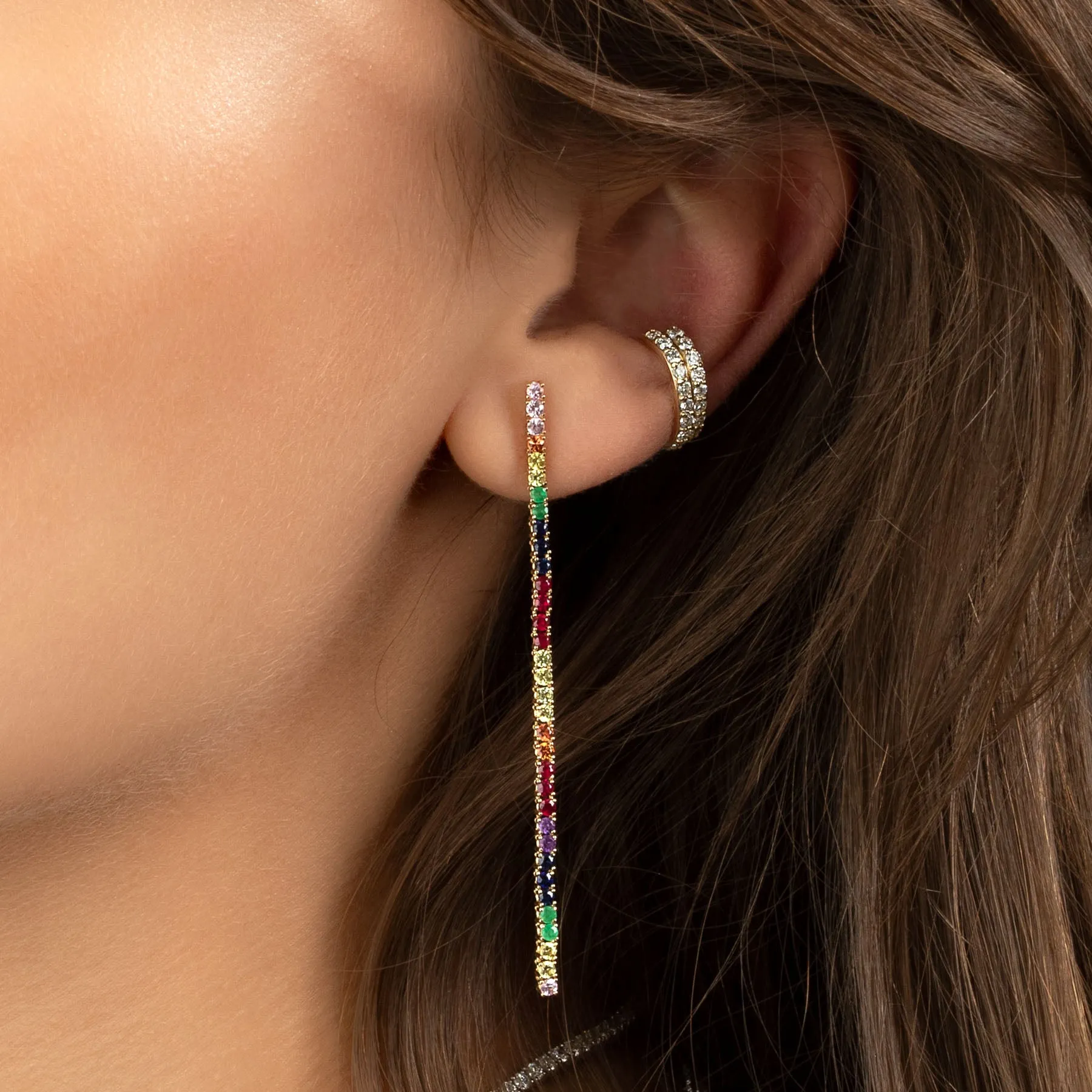 Tennis Earring - Rainbow / 14k Yellow Gold