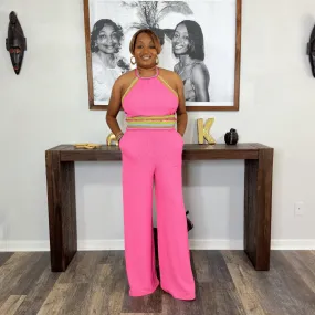 'Tia' Crochet Crop Top And Pants Set | Pink