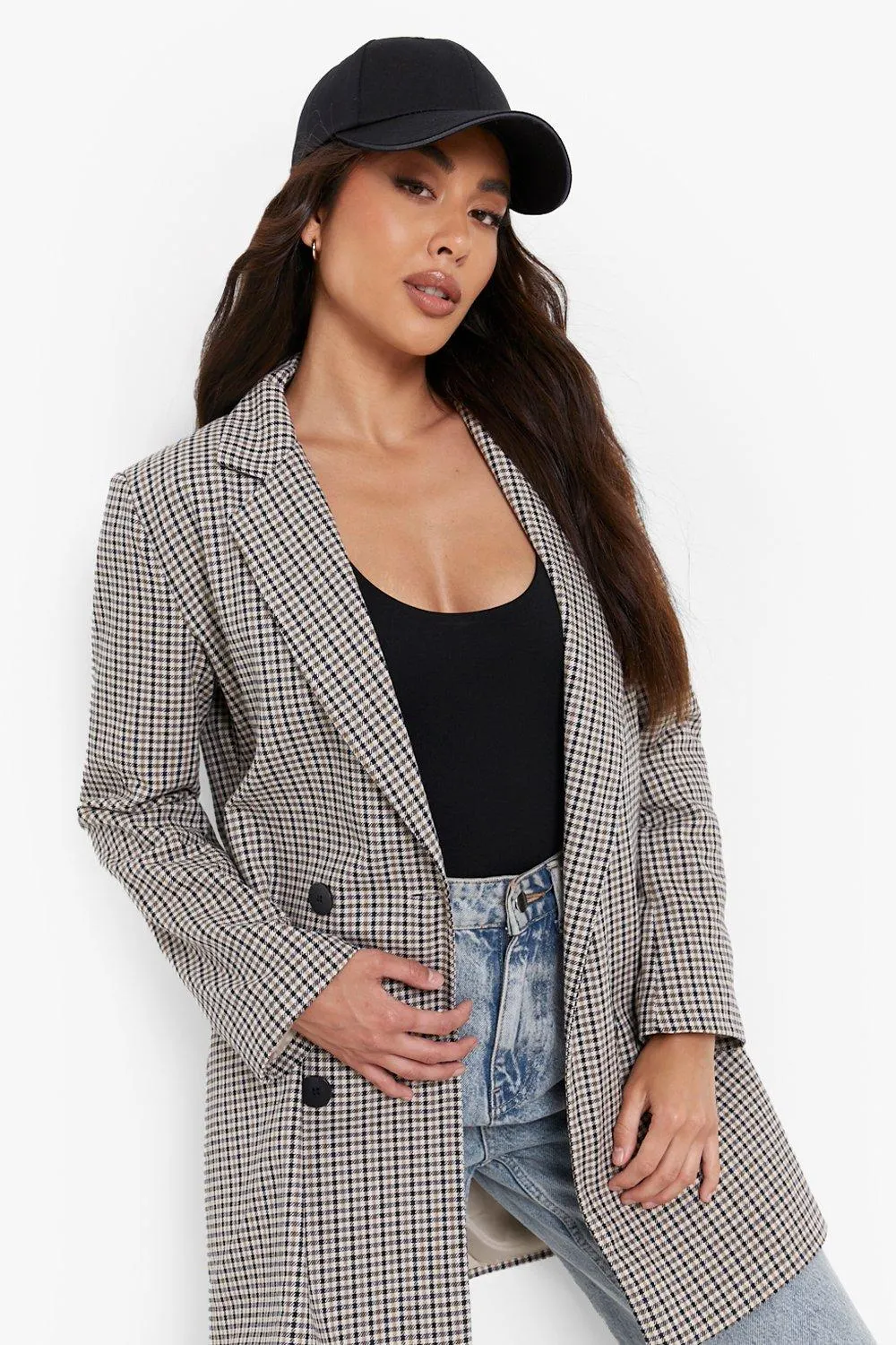 Tonal Check Double Breasted Longline Blazer