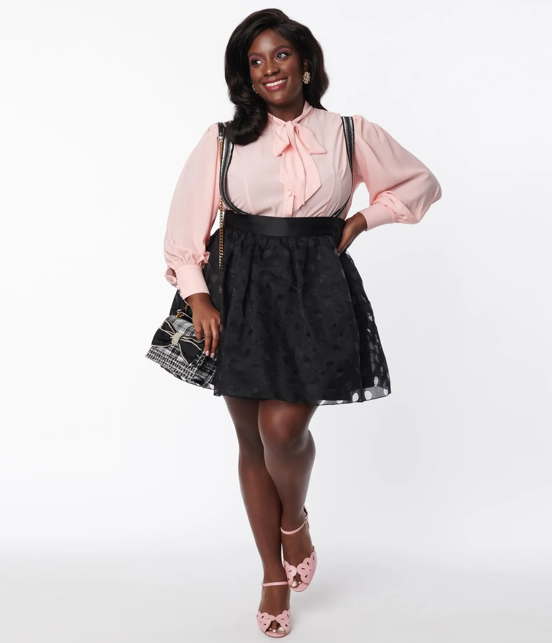 Unique Vintage Plus Size Black Polka Dot Tulle Suspender Mini Skirt