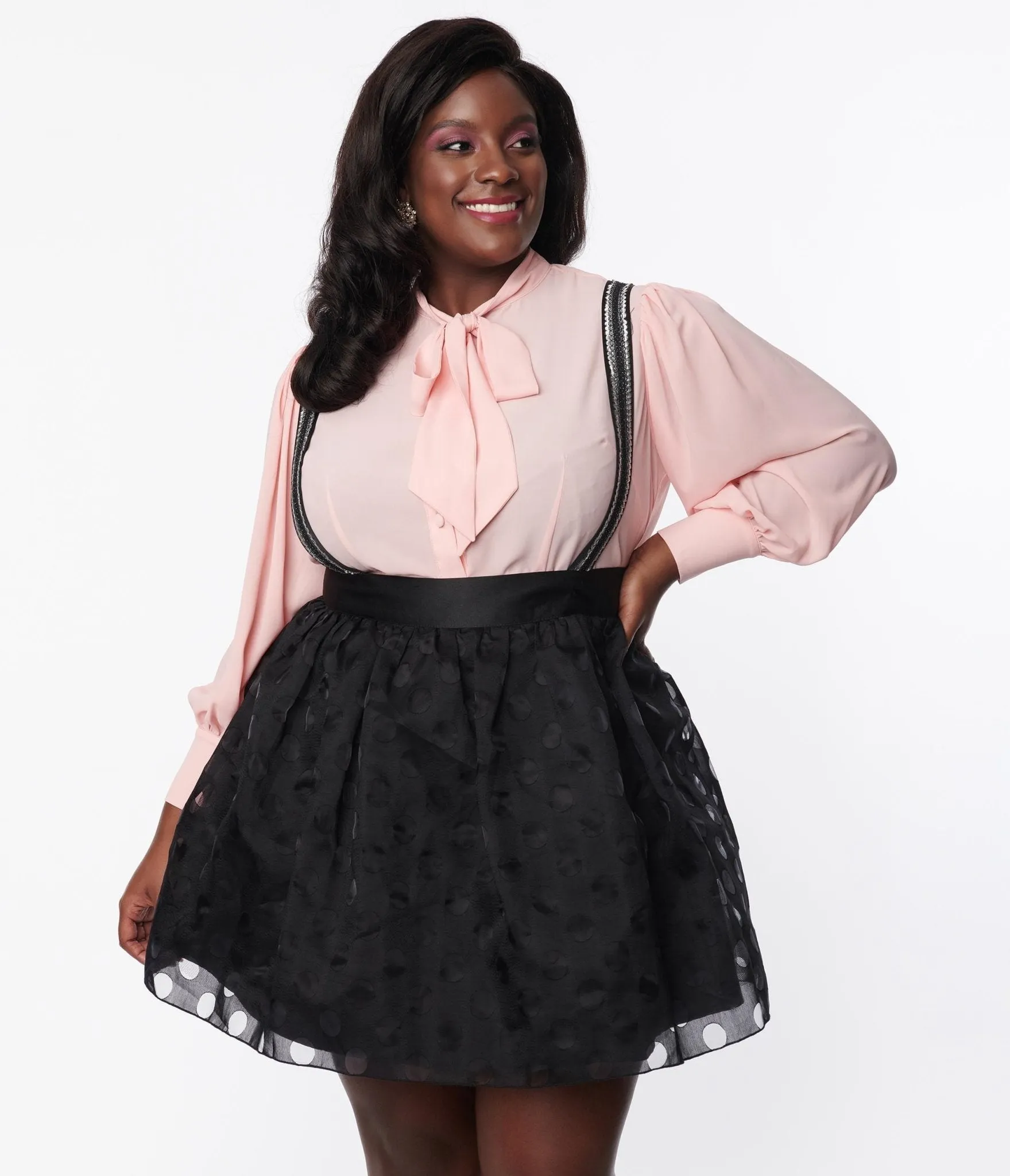 Unique Vintage Plus Size Black Polka Dot Tulle Suspender Mini Skirt