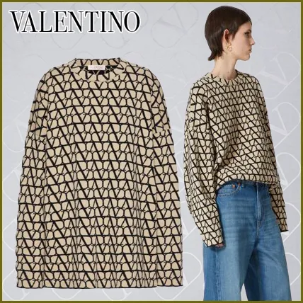 VALENTINO  |Wool Long Sleeves Elegant Style Logo V-neck & Crew neck